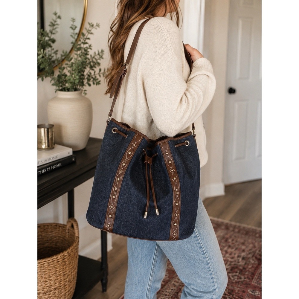 Gold Coast Denim Bucket Bag Faux Leather Trim Studded Hobo Shoulder Crossbody